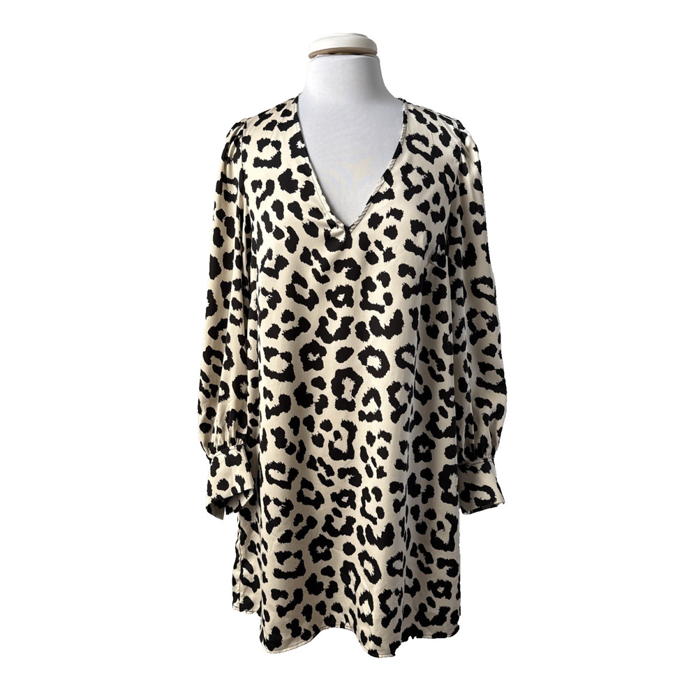H&M Dress Women's L Leopard Animal Print Balloon Sleeve Shift Dress Boho Chic